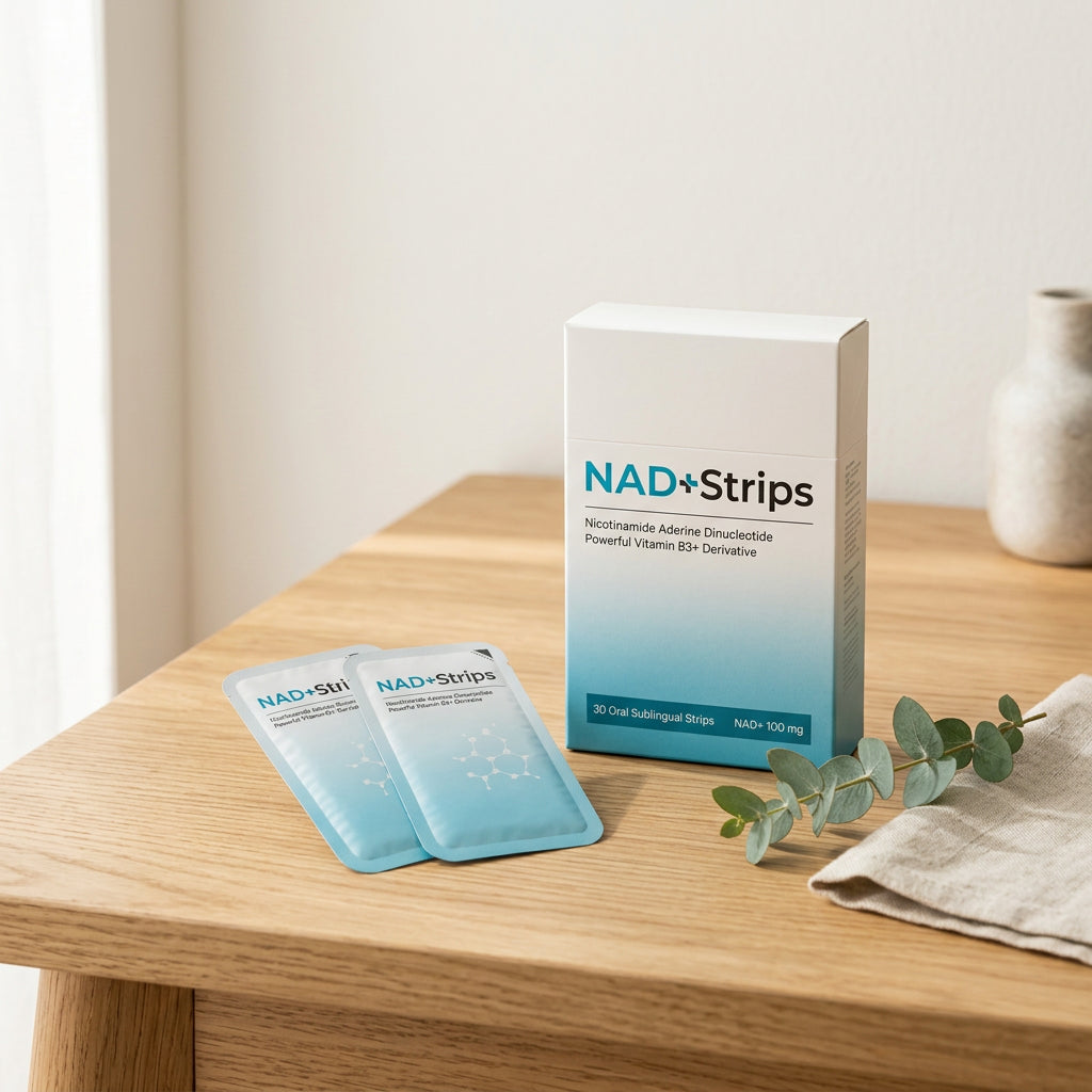 NAD+ Strips sublingual pack with foil sachets on light oak surface
